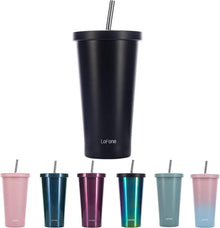 Isolierter Thermobecher mit Strohhalm 500ml doppelwandig schwarz