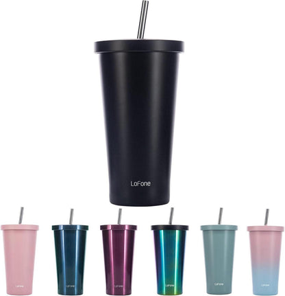 Isolierter Thermobecher mit Strohhalm 500ml doppelwandig schwarz