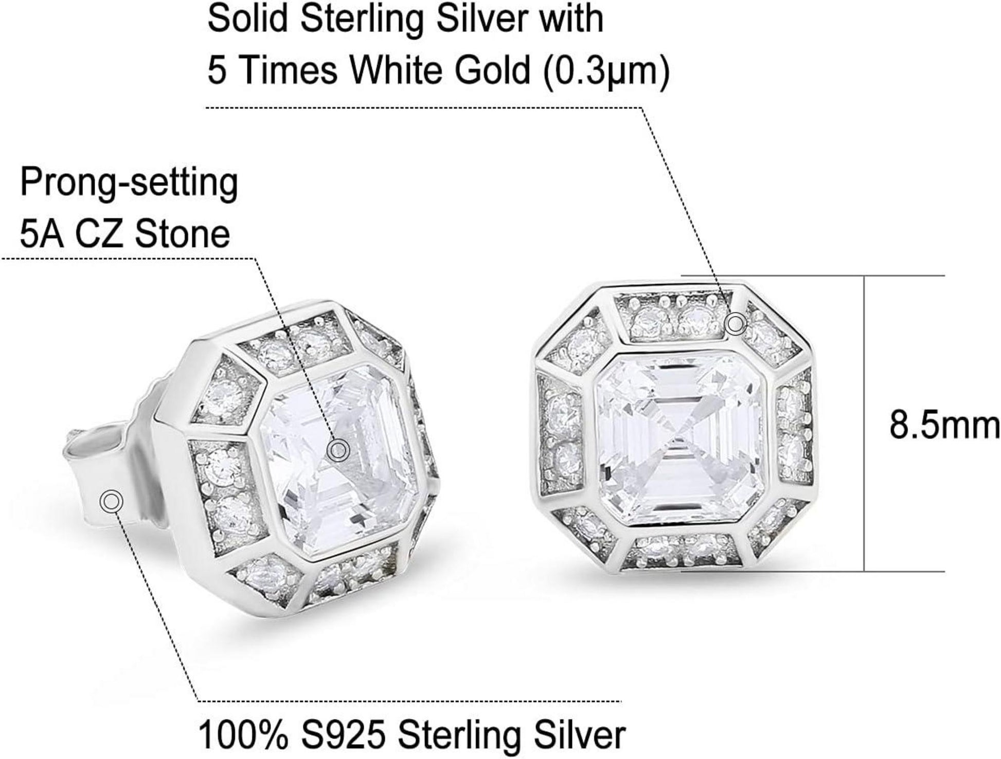 Herren Silber Ohrringe Iced Out Zirkonia Steinen 925 Gold/Weißgold
