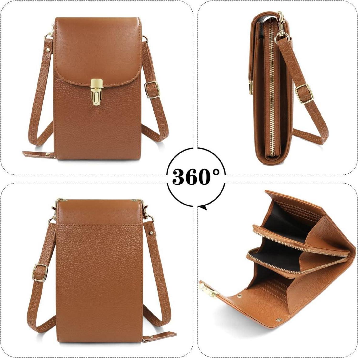 REETEE Damen Leder Umhängetasche für Handy Crossbody Kreditkarten Braun