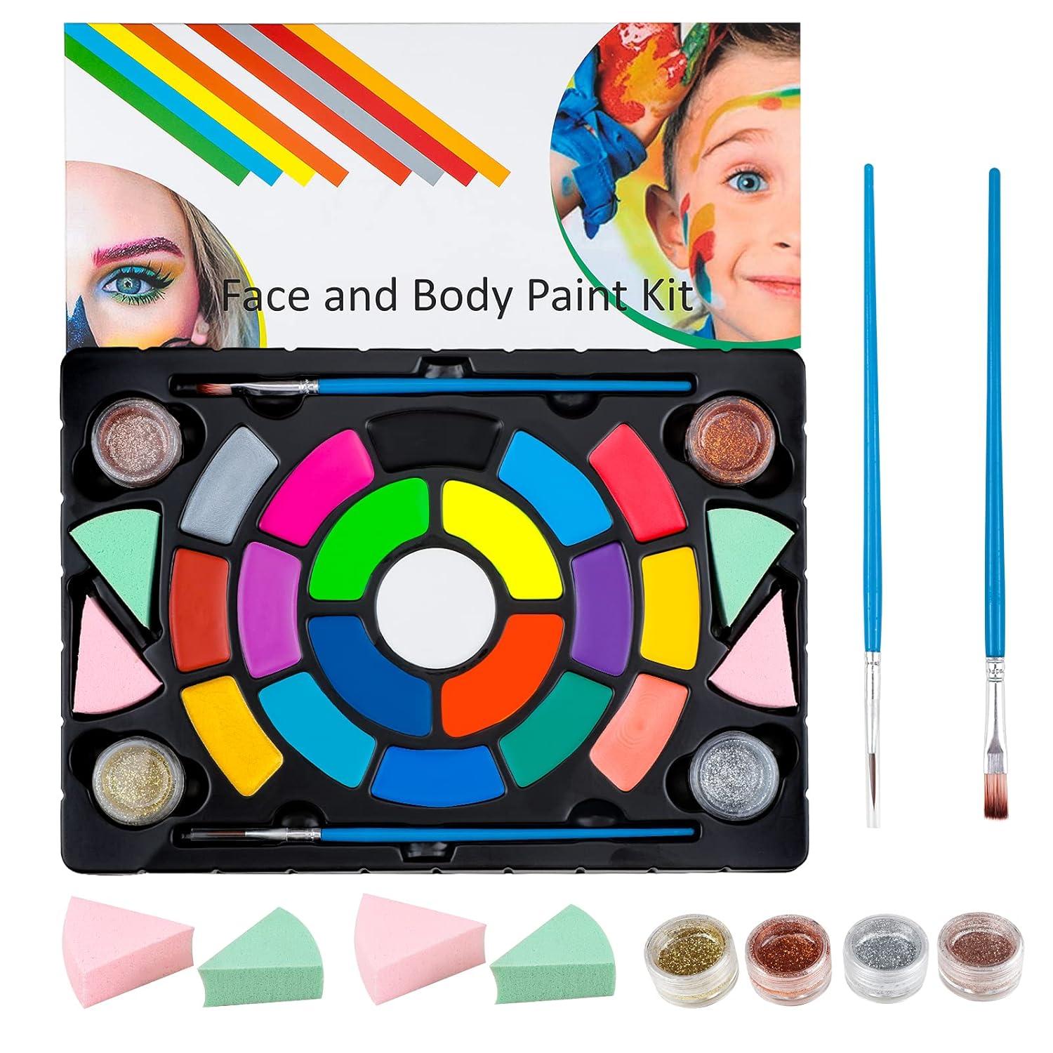 Kinderschminke Set mit 19 Schminkfarben, Glitzer und Pinsel