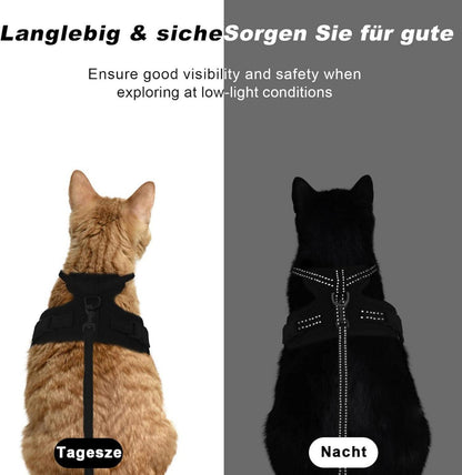 Katzengeschirr mit Leine Set Fluchtsicher Verstellbar Schwarz M 44.5-49.5 cm