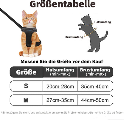 Katzengeschirr mit Leine Set Fluchtsicher Verstellbar Schwarz M 44.5-49.5 cm