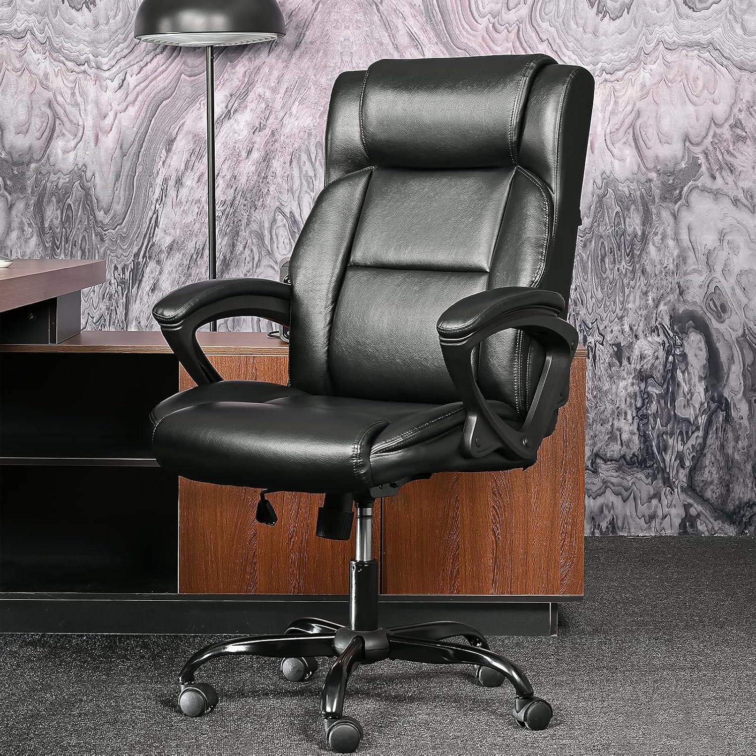 Ergonomischer Chefsessel Bürostuhl mit Leder, Armlehne, Kopfstütze, drehbar, höhenverstellbar, Schwarz