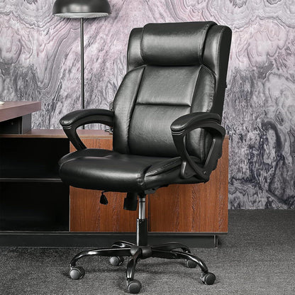 Ergonomischer Chefsessel Bürostuhl mit Leder, Armlehne, Kopfstütze, drehbar, höhenverstellbar, Schwarz