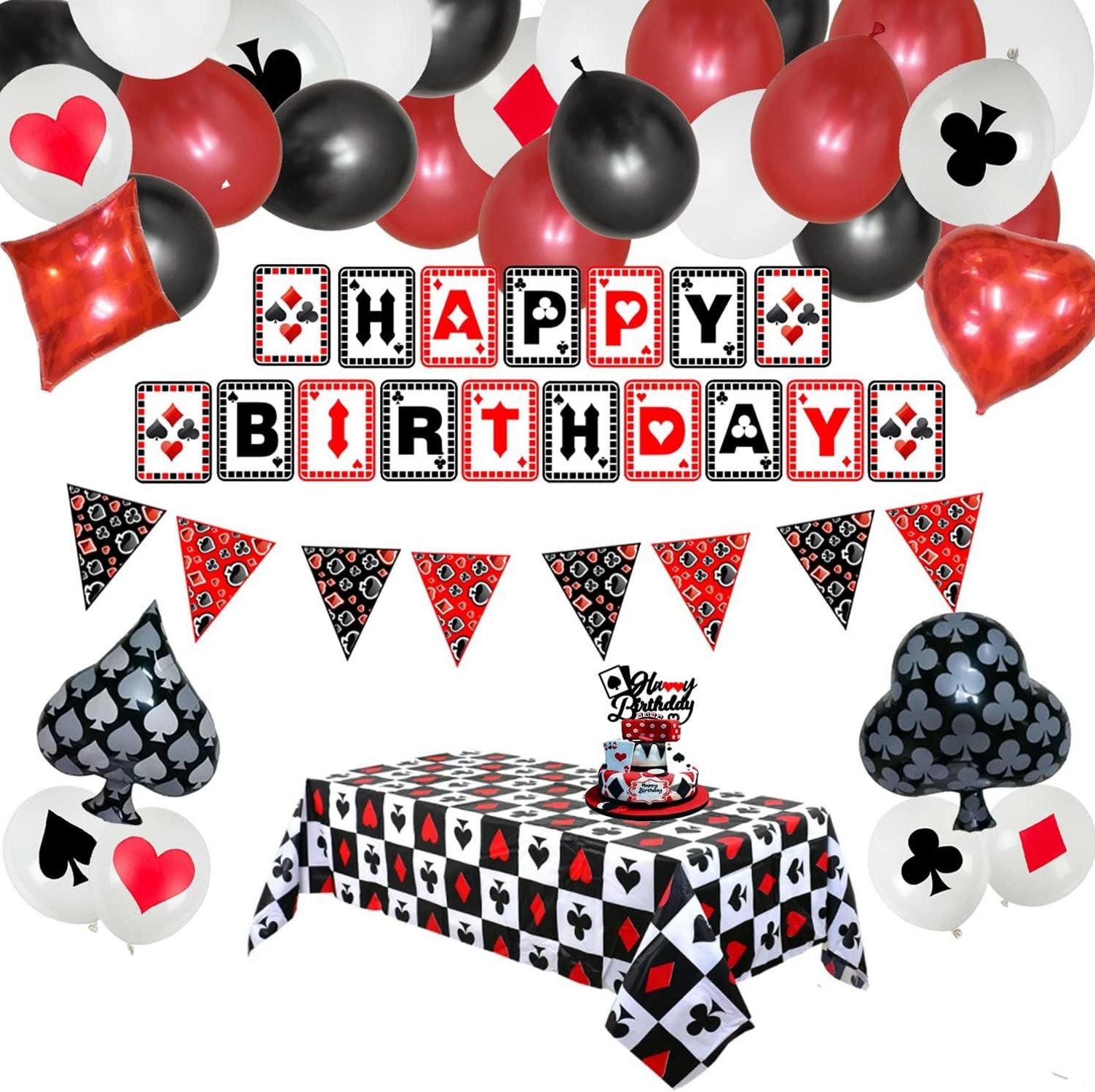 Casino Party Dekoration Set: Poker Banner, Tischdecke, Ballons, Kuchenaufsatz