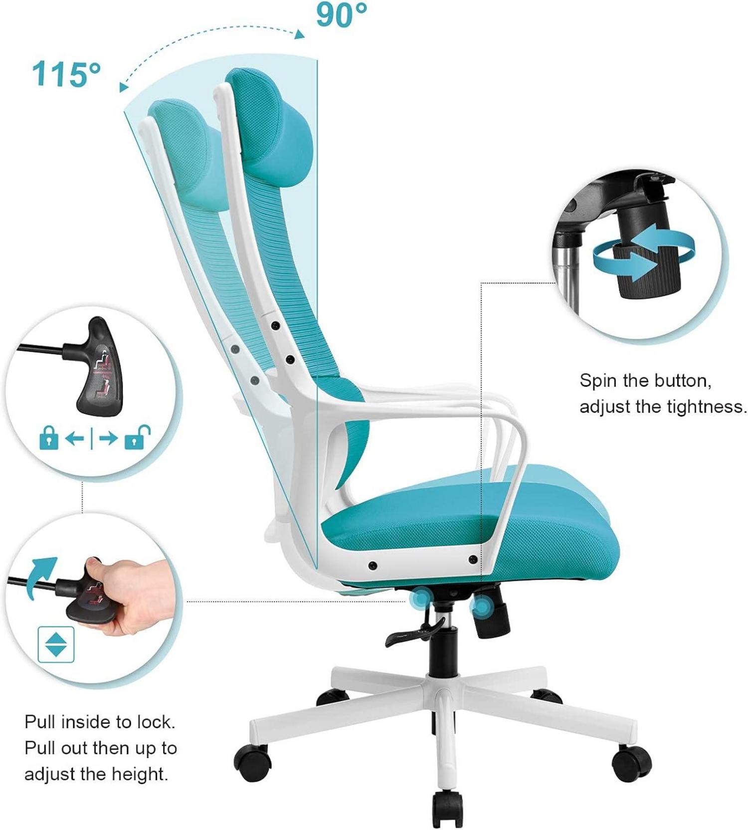 Ergonomischer Bürostuhl mit Wippfunktion und verstellbarer Kopfstütze, höhenverstellbar, EN 1335, Blau