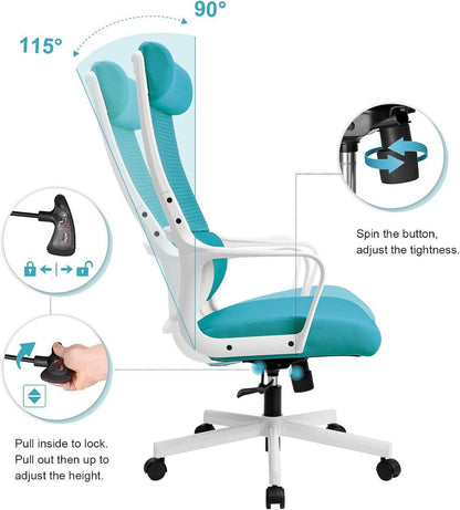 Ergonomischer Bürostuhl mit Wippfunktion und verstellbarer Kopfstütze, höhenverstellbar, EN 1335, Blau