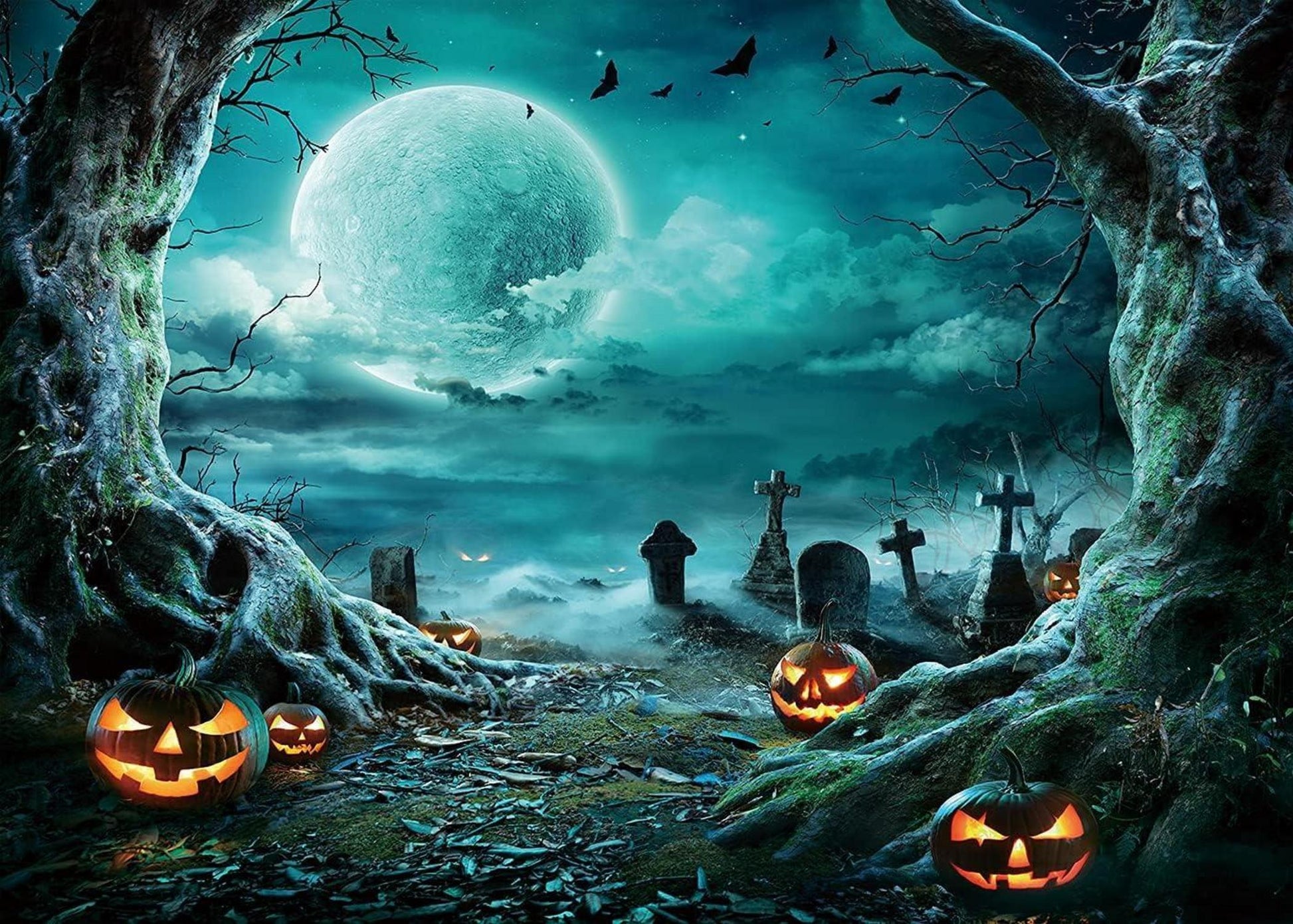 Halloween Fotografie Hintergrund Horror Mond Nacht Grusel Friedhof für Party 210x150cm