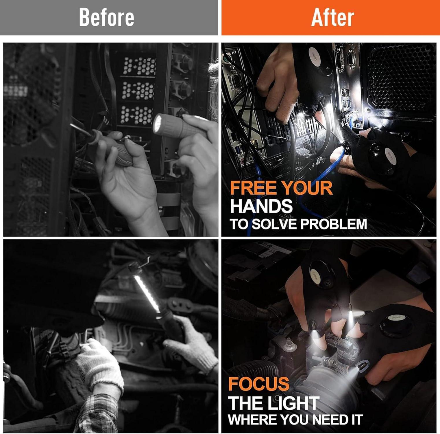 BIIB LED Handschuhe Geschenke Männer Fingerloser Stoff weich atmungsaktiv inkl. Klettverschluss LED Lichter wasserdicht ein Paar