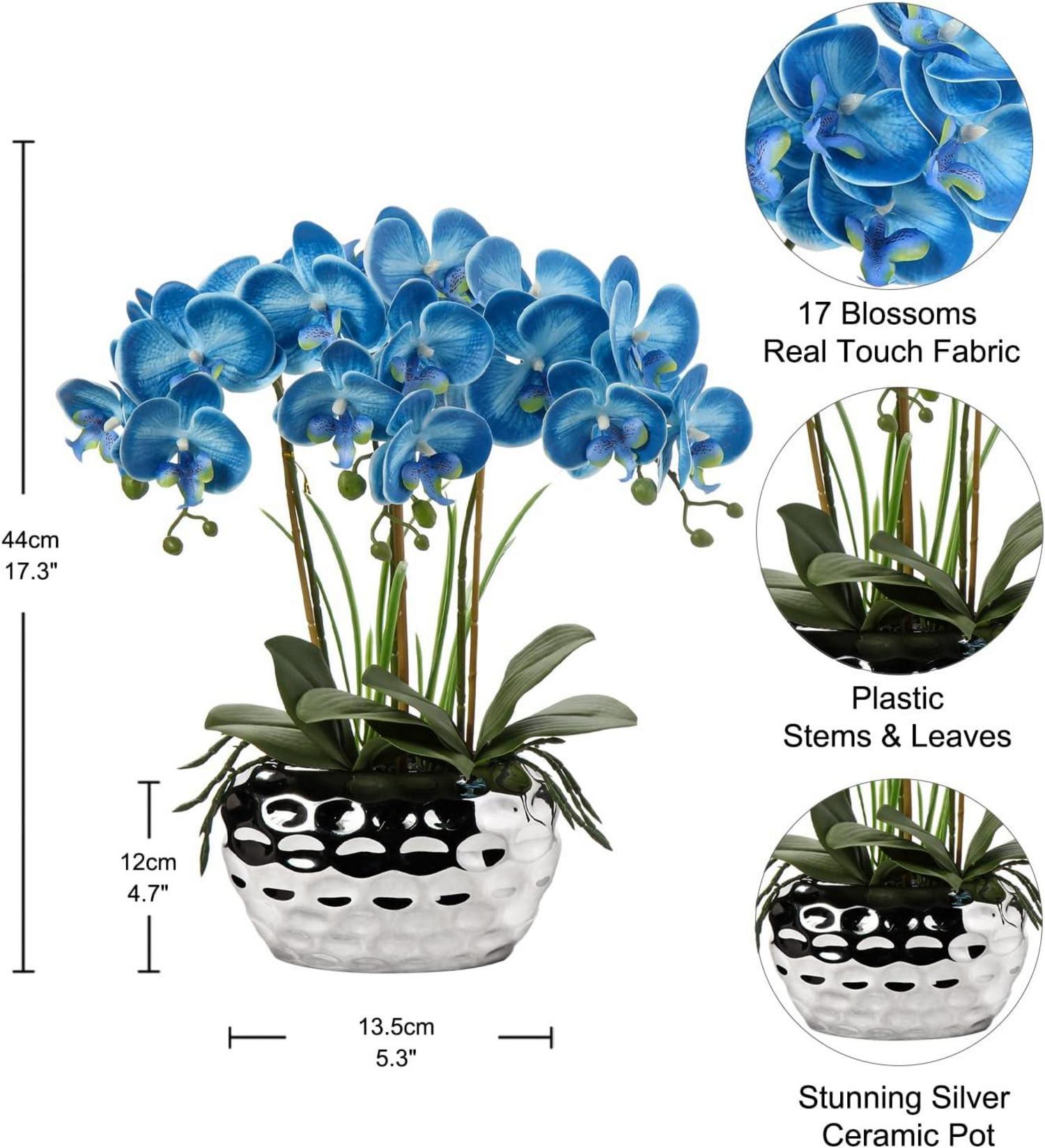 Künstliche Orchidee Phalaenopsis 44cm Blau Keramiktopf