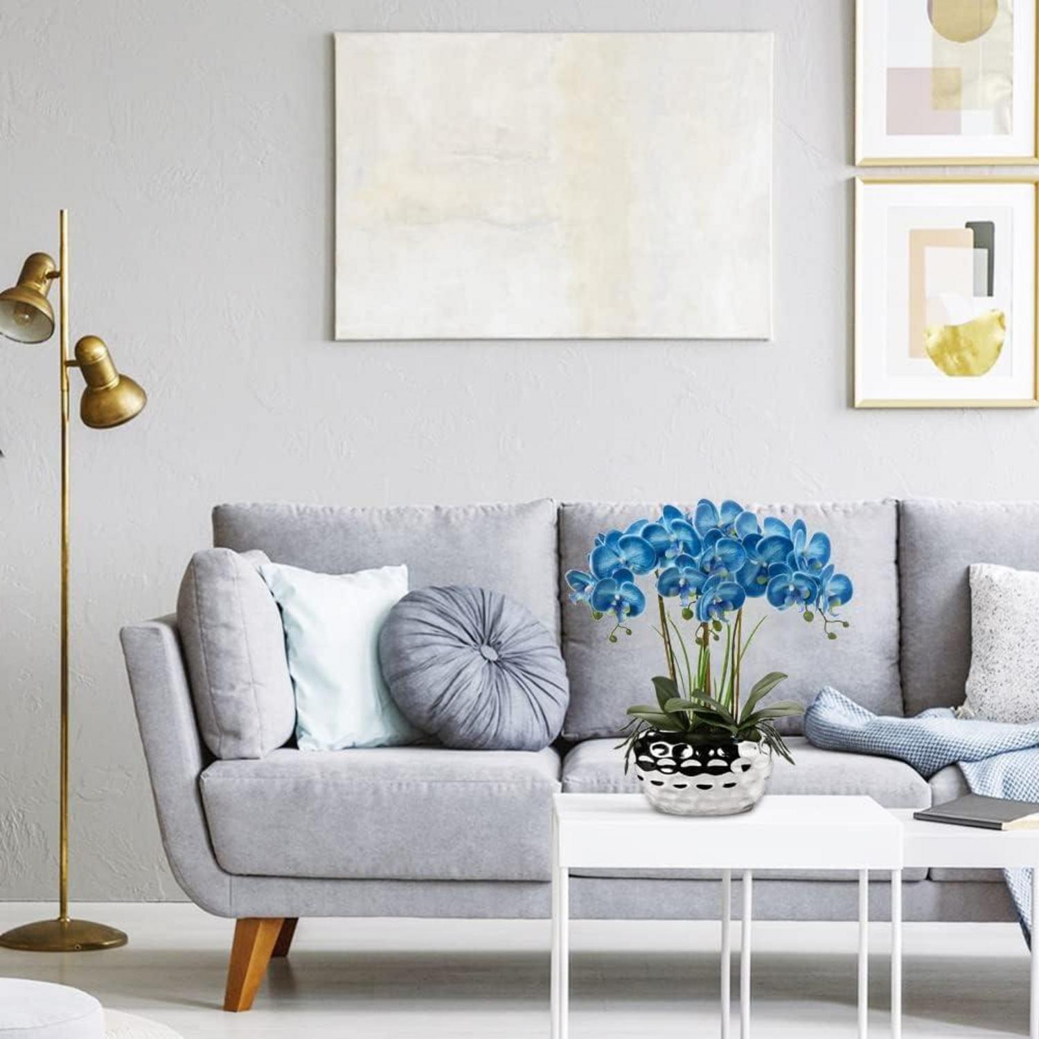 Künstliche Orchideen Phalaenopsis 44cm Blau Keramiktopf Handtuch