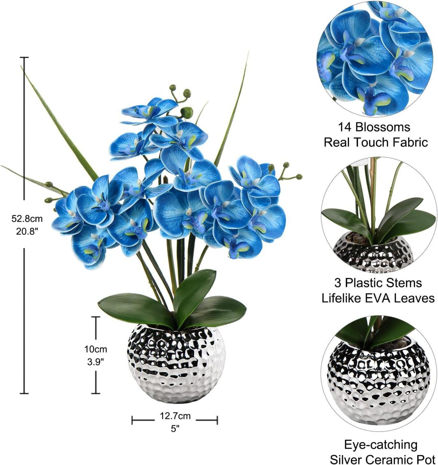 Kunstblumen Orchidee Künstliche Phalaenopsis Blau 49 cm Deko im