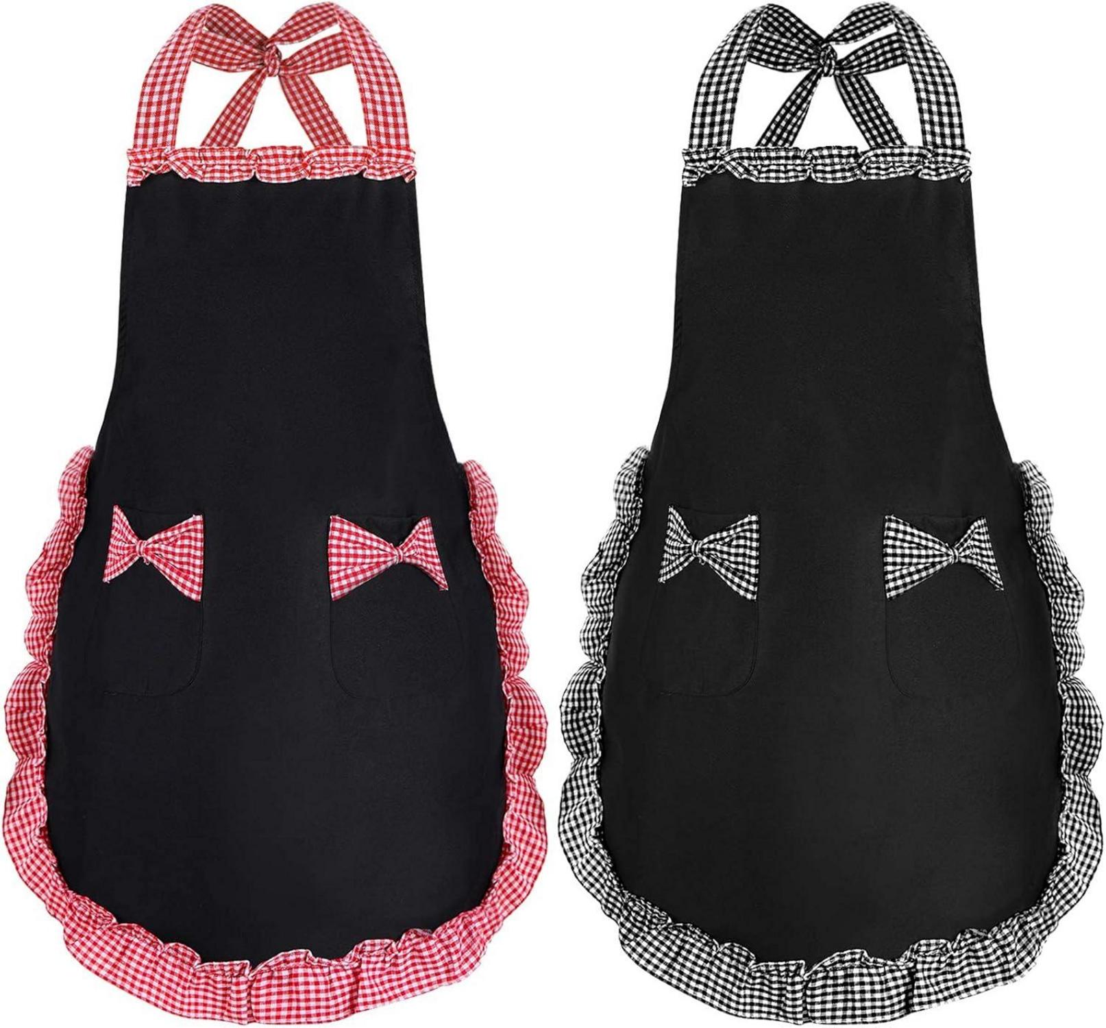 Damen Süß Schürze Schwarz 2 Taschen Wasserdicht Kochschürze Set