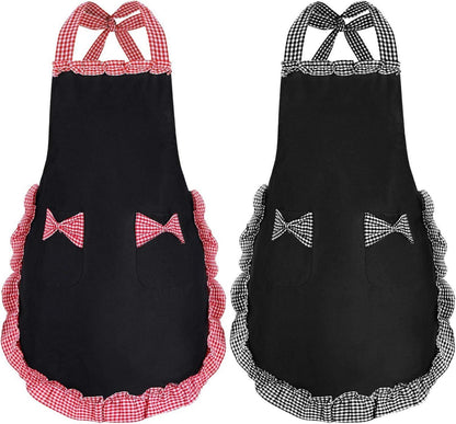 Damen Süß Schürze Schwarz 2 Taschen Wasserdicht Kochschürze Set