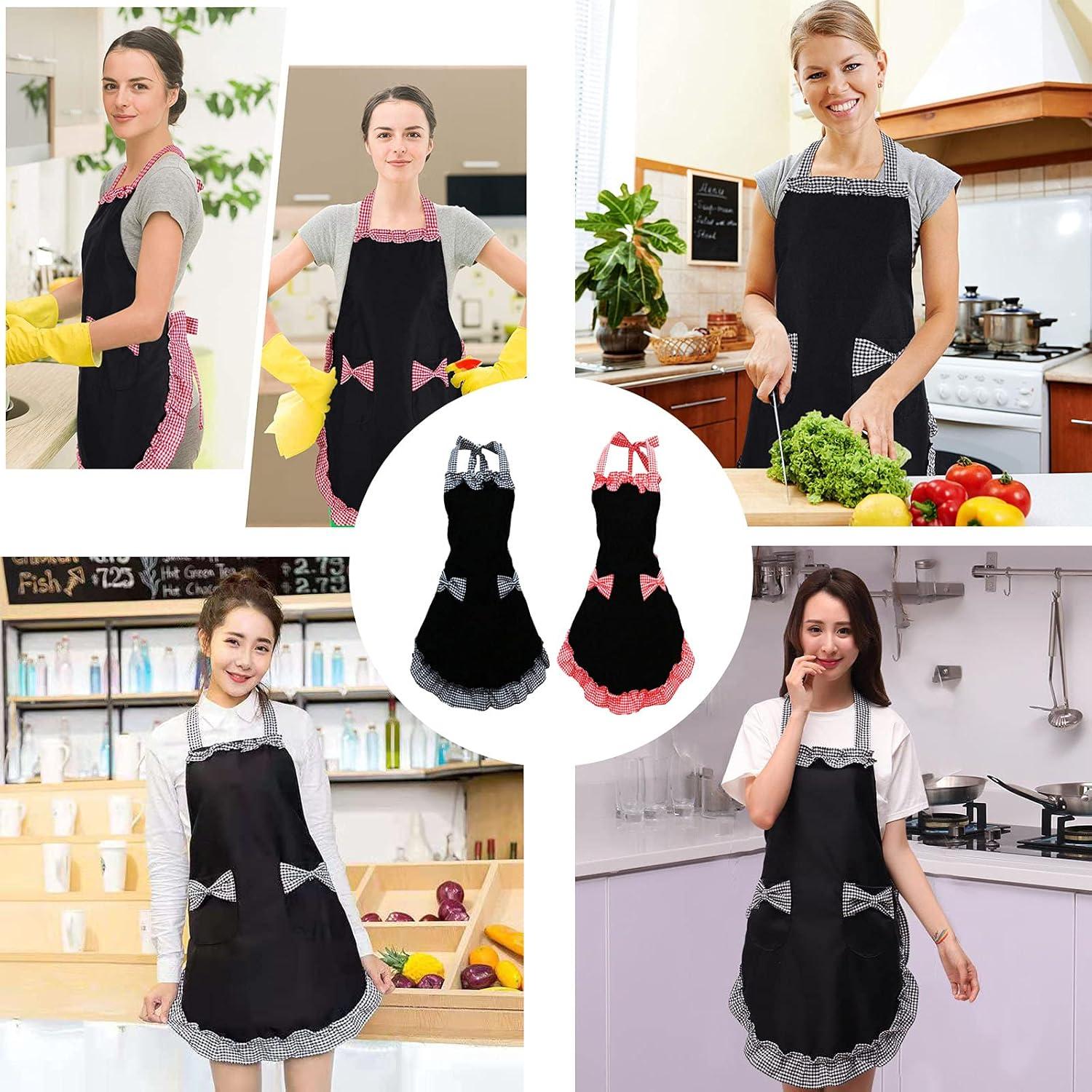 2er Pack Damen Schwarz Schürzen mit 2 Taschen, Wasserdicht, Kochschürze Backen