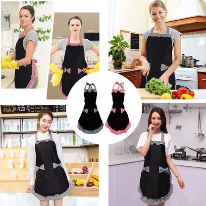 2er Pack Damen Schwarz Schürzen mit 2 Taschen, Wasserdicht, Kochschürze Backen