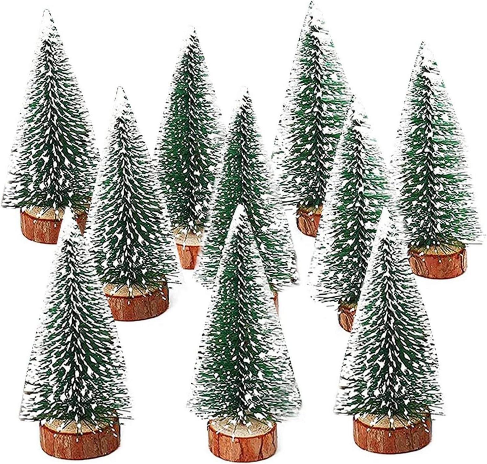 10 Stück Mini Grün Tannenbaum mit Schnee-Effekt und Holzbasis
