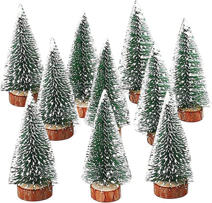 10 Stück Mini Grün Tannenbaum mit Schnee-Effekt und Holzbasis