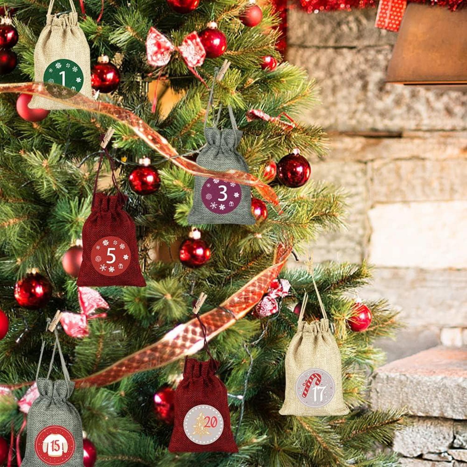 DIY Stoffbeutel Adventskalender Set Weihnachten 24 Aufkleber Jutesäckchen