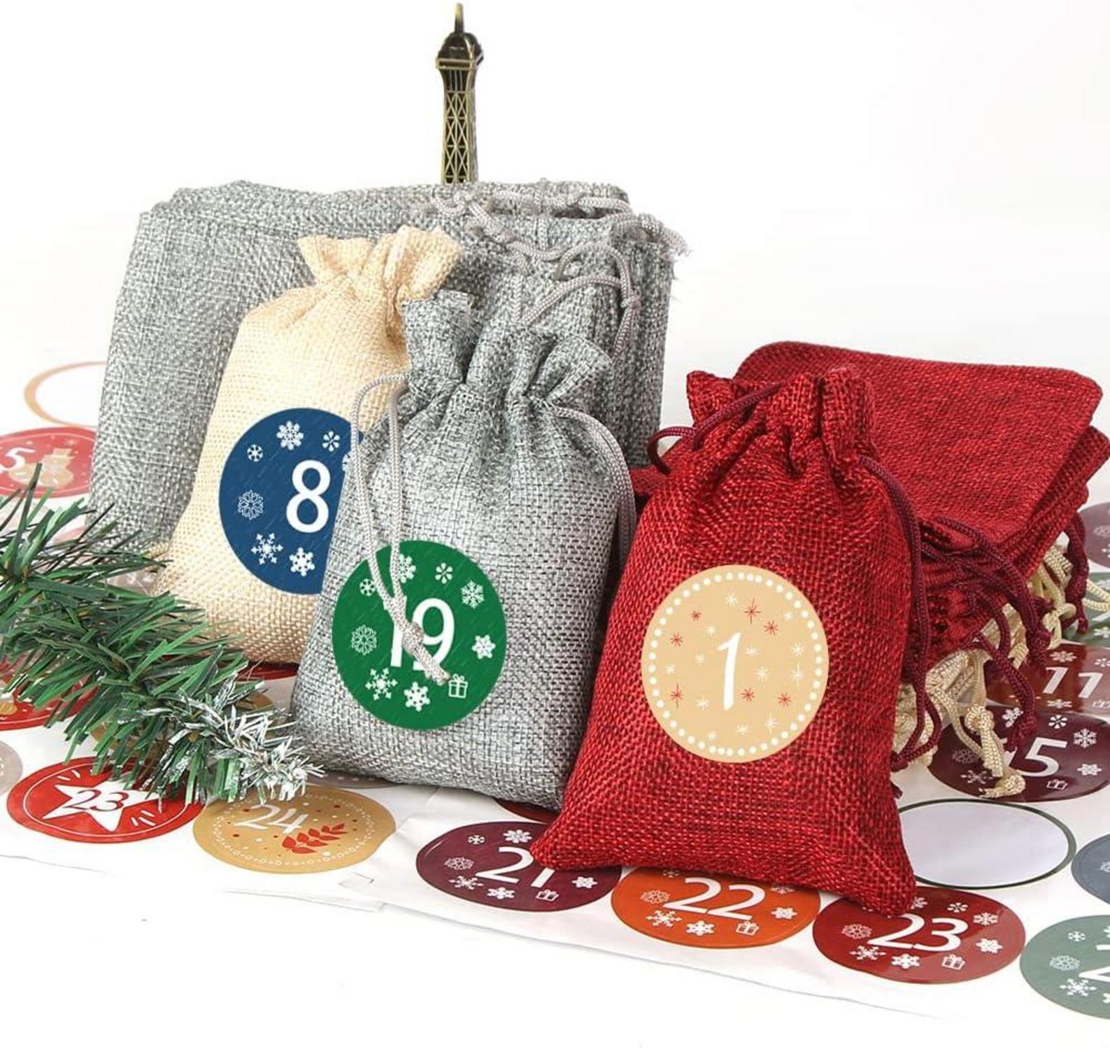 DIY Stoffbeutel Adventskalender Set Weihnachten 24 Aufkleber Jutesäckchen