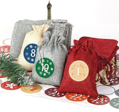 DIY Stoffbeutel Adventskalender Set Weihnachten 24 Aufkleber Jutesäckchen
