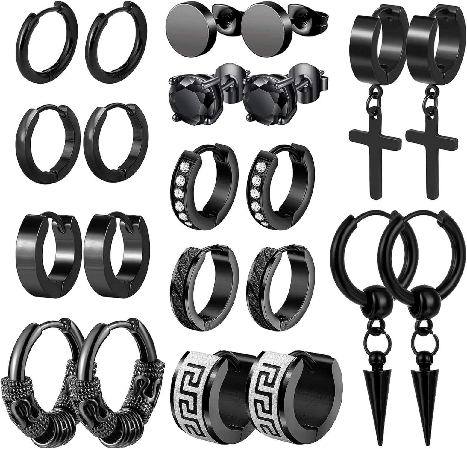 11er Set Edelstahl Ohrringe Ohrstecker Creolen Schwarz Unisex