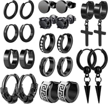 11er Set Edelstahl Ohrringe Ohrstecker Creolen Schwarz Unisex