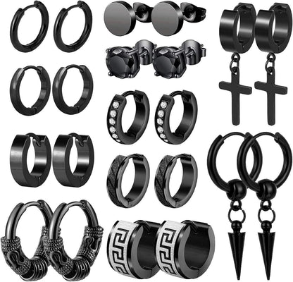 11 Paar Schwarz Edelstahl Ohrringe Set Hoop Creolen Ohrstecker Unisex
