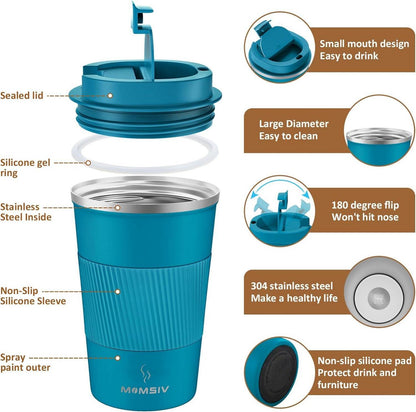 MOMSIV Thermobecher 380ml Edelstahl Isolierbecher Blau