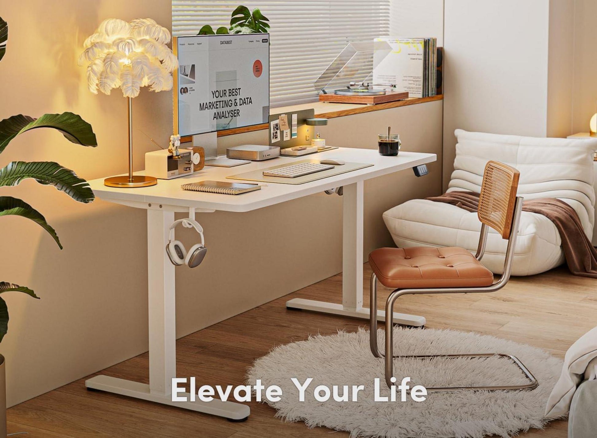 FEZIBO Elektrischer Schreibtisch 140 x 60 cm Memory-Steuerung Anti-Kollisions-Technologie White