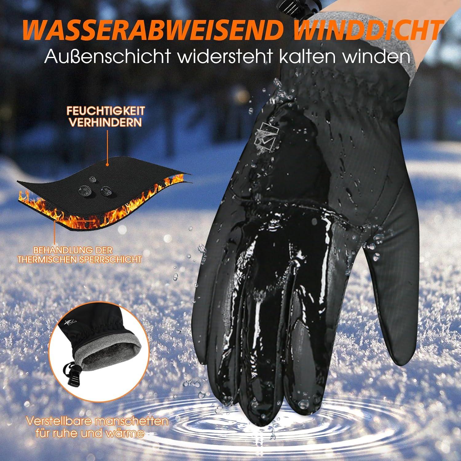 Cevapro Winterhandschuhe wasserdicht Skihandschuhe Snowboard Handschuhe Touchscreen Herren Damen Wintersport Skifahren Schwarz