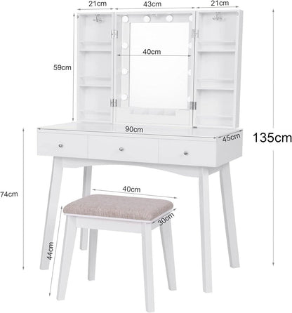 Schminktisch mit LED Beleuchtung & Spiegel 3 Schubladen