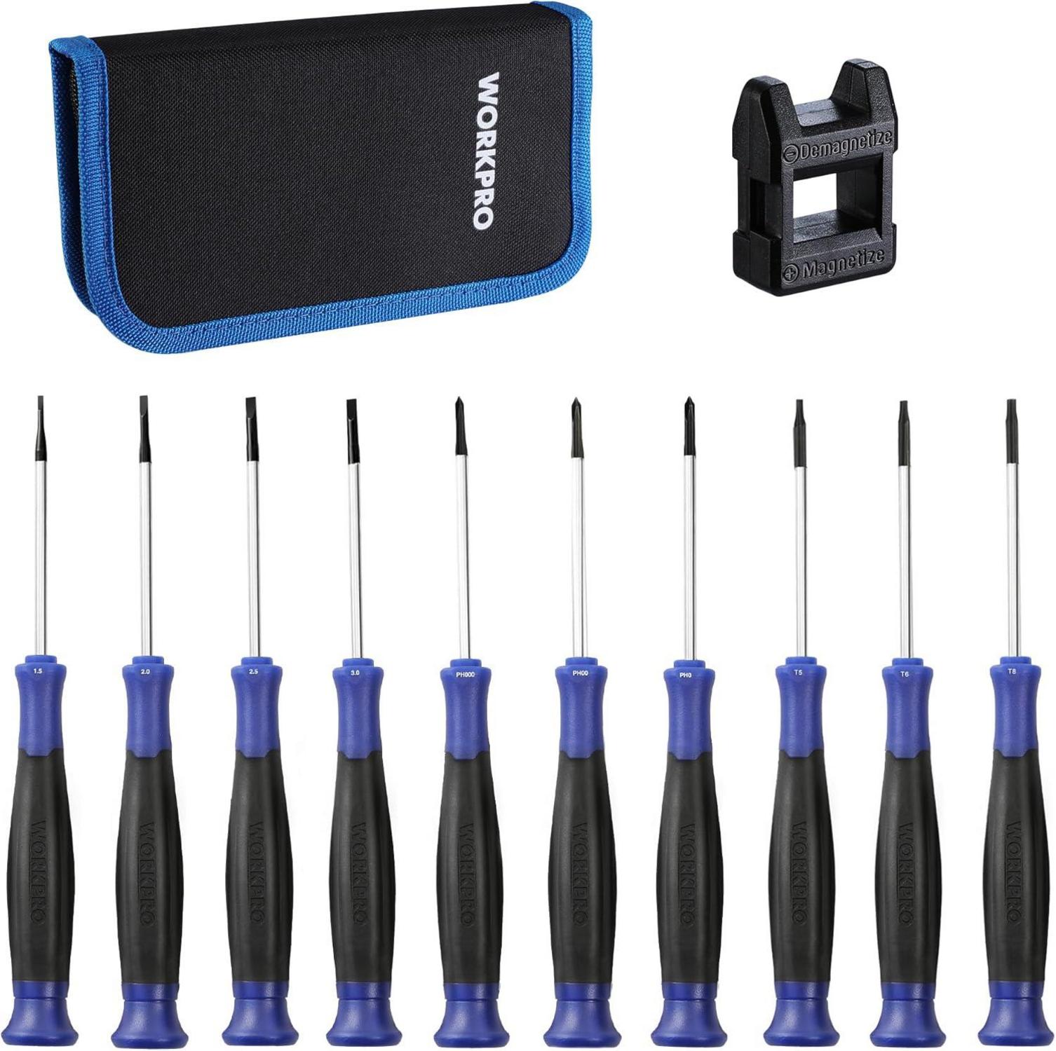 WORKPRO Mini Schraubenzieher Set 10-teilig Präzision Feinmechaniker Uhr Elektronik Torx Schraubendreher Magnet Tasche