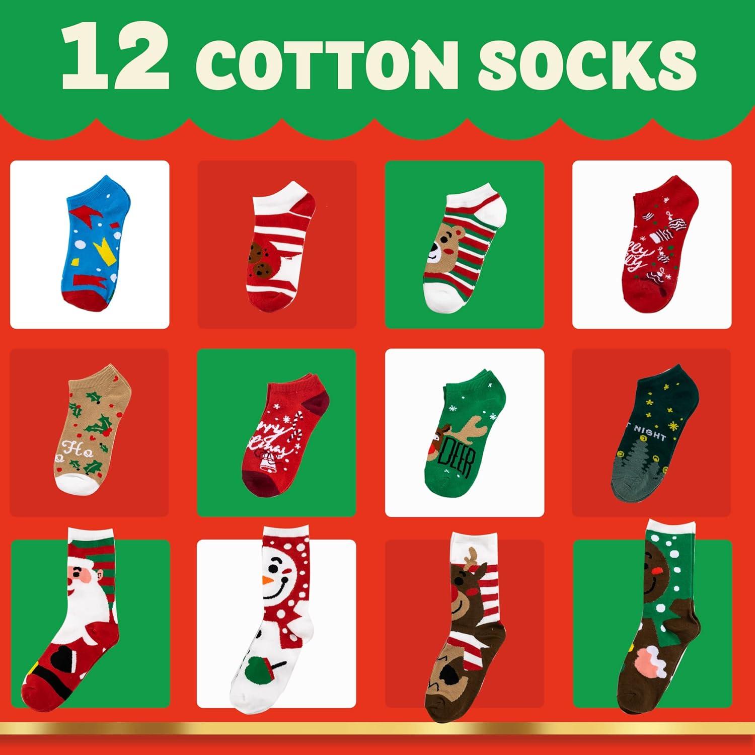 Joyin 2024 Weihnachts-Adventskalender: 12 Tage warme Baumwollsocken für Frauen