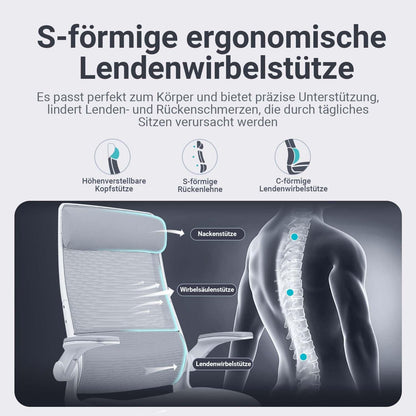 Bürostuhl Ergonomisch Verstellbare Kopfstütze Mesh 200kg Grau