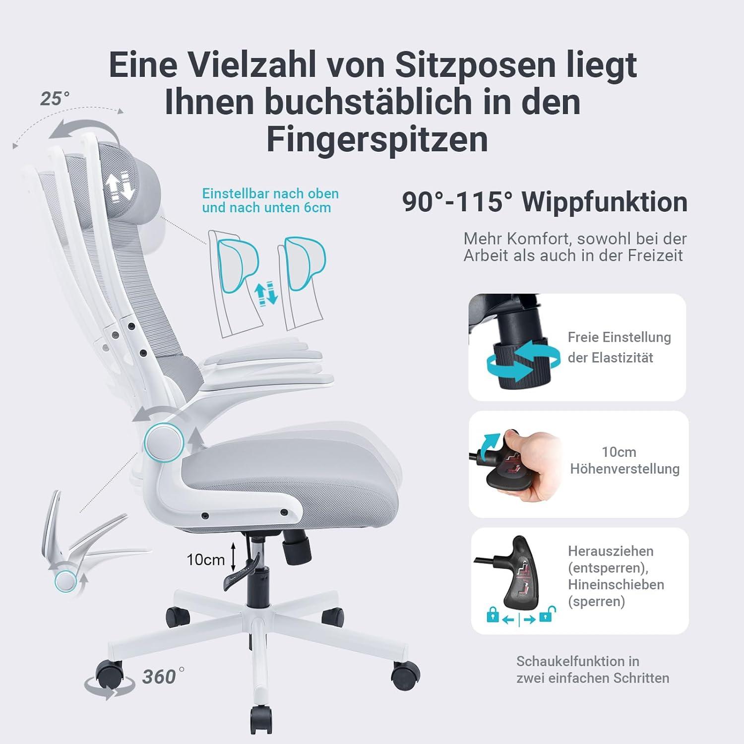 Bürostuhl Ergonomisch mit Kopfstütze, Schreibtischstuhl aus Mesh