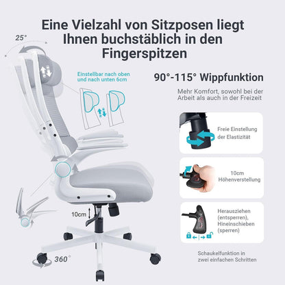 Bürostuhl Ergonomisch mit Kopfstütze, Schreibtischstuhl aus Mesh