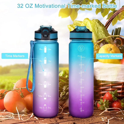 Sport-Wasserflasche 1L mit Strohhalm, Zeitmarkierungen, auslaufsicher, BPA-frei