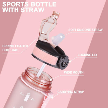 Sport-Wasserflasche mit Strohhalm und Zeitmarkierungen, BPA-frei