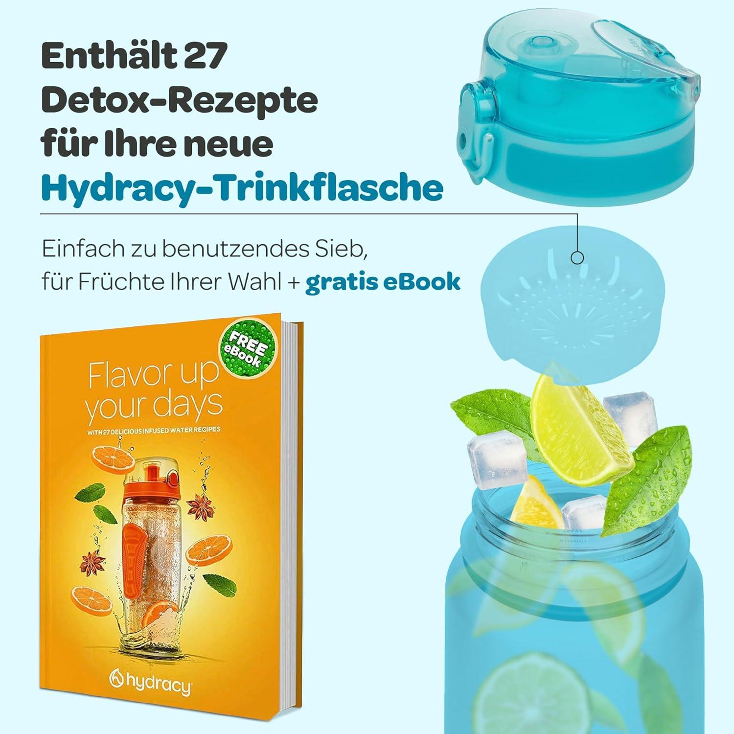 Hydracy Trinkflasche 1L mit Fruchteinsatz Zeitmarkierung Auslaufsicher