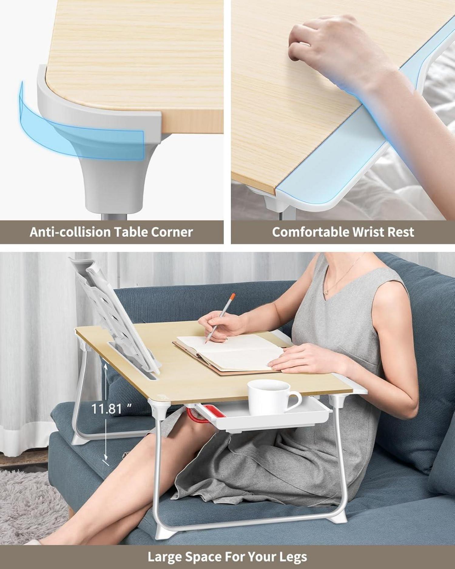 SAIJI Laptop Tablett Bett Tisch klappbar XXL mit Schublade - Teak