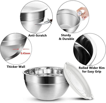 Edelstahl Salatschüssel 6er-Set mit Deckel, Rührschüsseln Küche, faltbar, spülmaschinenfest