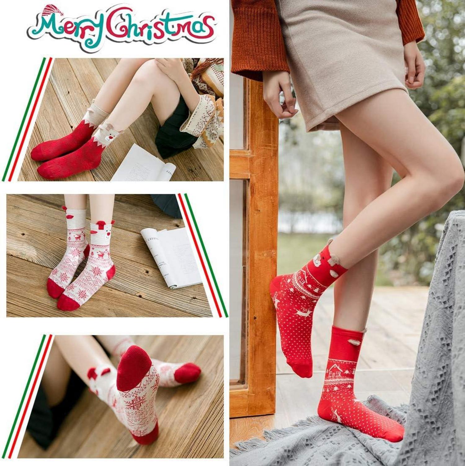 Weihnachtssocken 3er Set Damen Kuschelige Haussocken Rot Elch