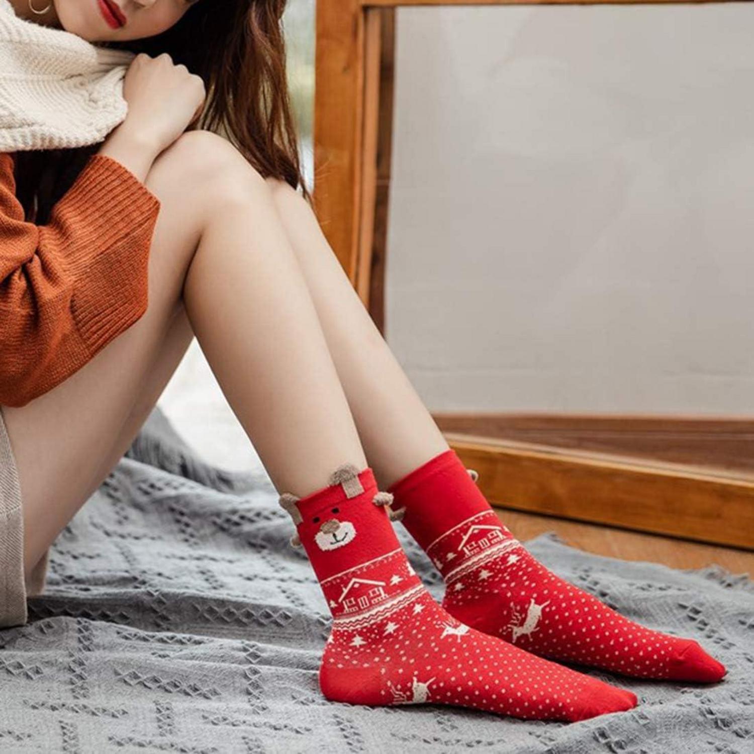 3er Set Weihnachtssocken Damen Rot Elch Kuschelsocken Flauschige Haussocken