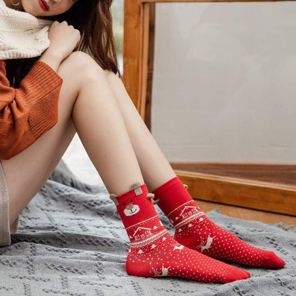 3er Set Weihnachtssocken Damen Rot Elch Kuschelsocken Flauschige Haussocken