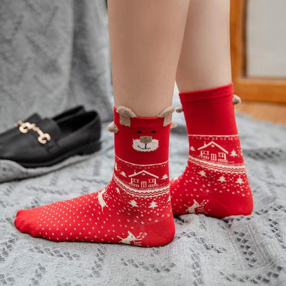3 Paar Flauschige Weihnachtssocken für Damen Rot Elch-Muster