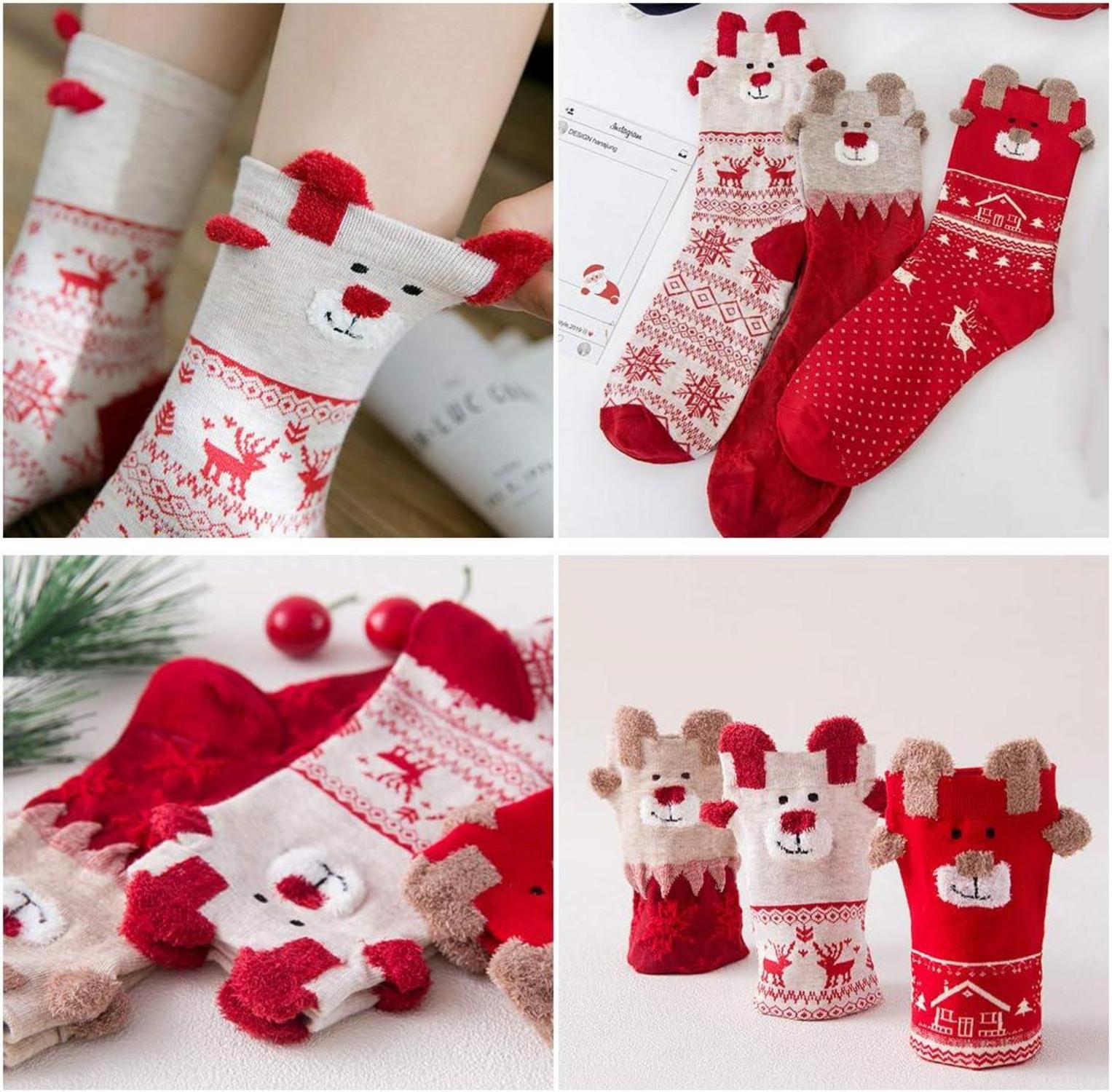 3er Set Weihnachtssocken Damen Kuschelige Haussocken Weihnachtsdeko Rot