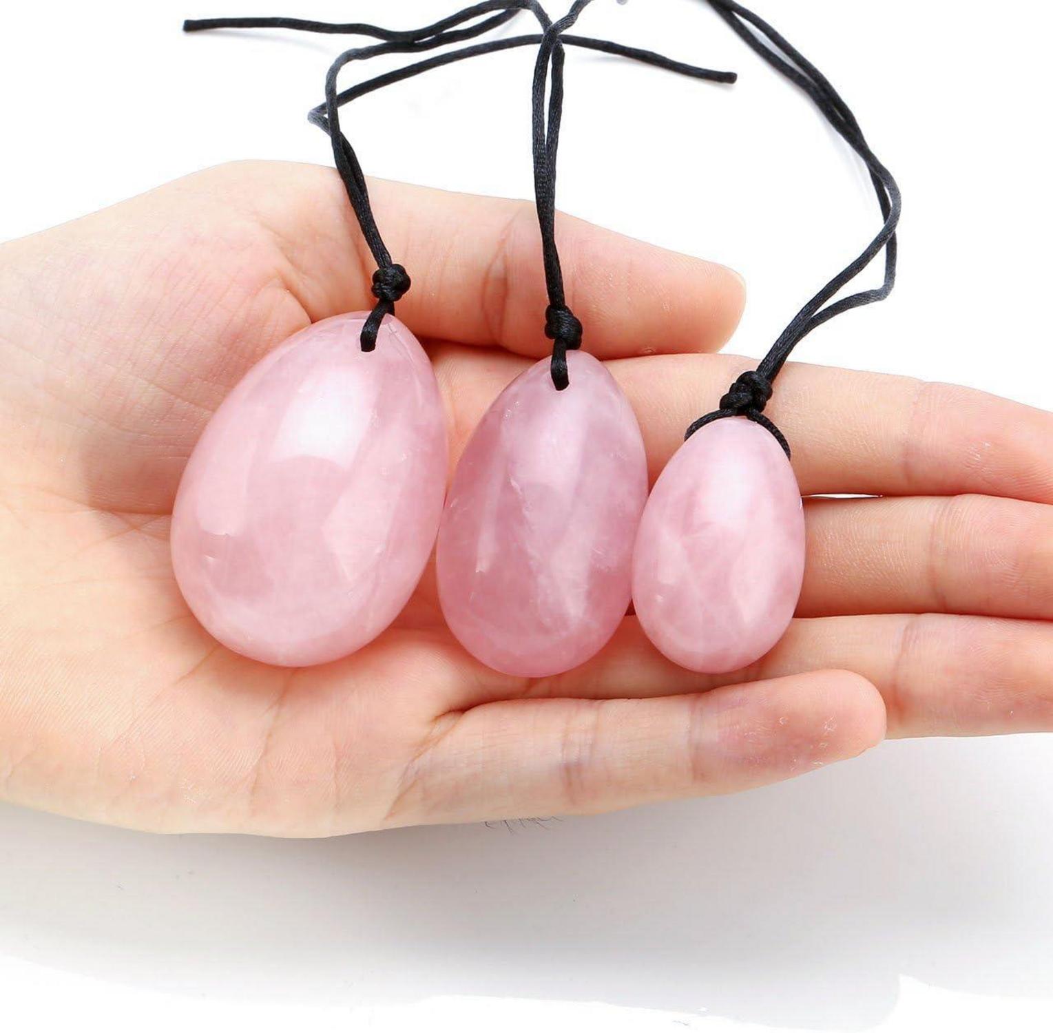 GEHECRST Rosenquarz Yoni Ei Set 3 Größen Massagestab Kegel-Übungen