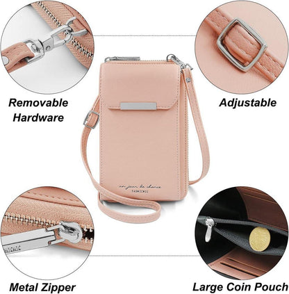 Handytasche Damen PU Leder Umhängetasche mit Geldbörse Crossbody Tasche 6,5 Zoll Rosa